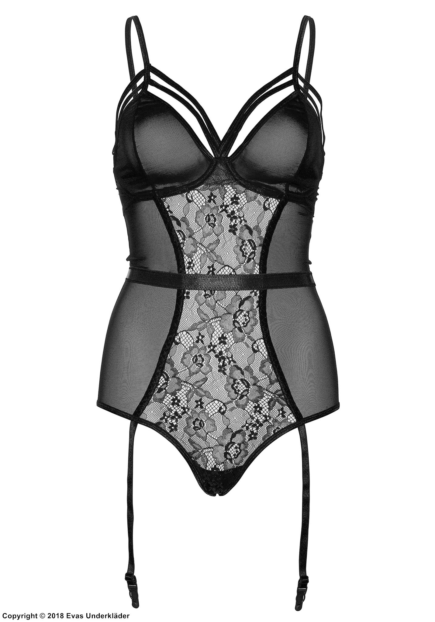 Sexy teddy, mesh, straps over bust, lace inlay